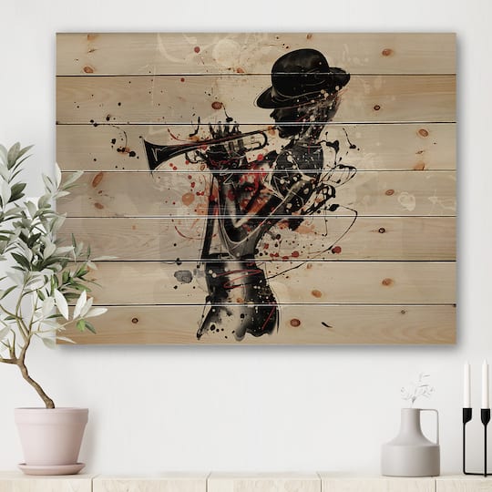 Designart - Woman Playing Jazz Trumpet - Modern Print on Natural Pine Wood